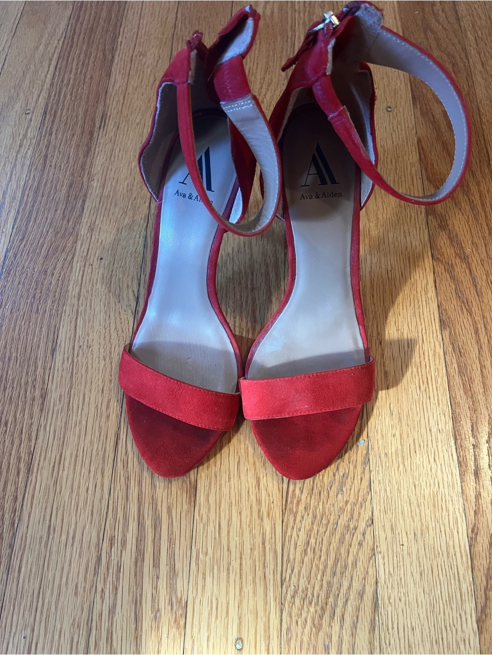 Ava & Aiden Crimson Suede Ankle-Strap Block Heels